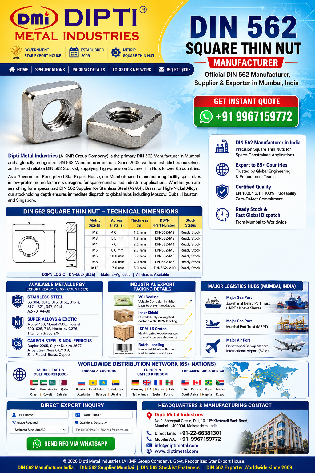 DIN 562 Square Thin Nut Manufacturer Supplier Exporter